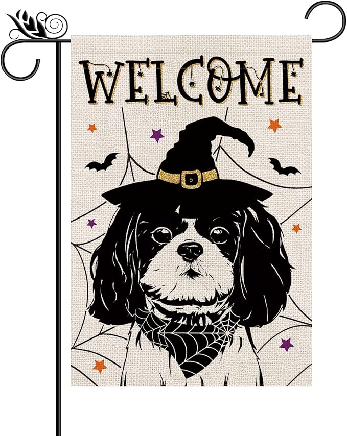 Halloween Garden Flag Shih Tzu Cobweb Bats Double Sided Vertical Welcome Flag Seasonal Holiday Outdoor Yard Lawn Party Decorations 12.5 x 18 Inch