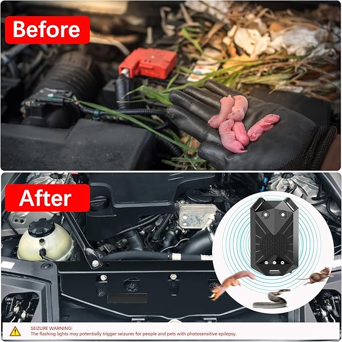 Tirgo 2PCS Car Rodent Repeller Under Hood, Ultrasonic Plug-in Mouse Repellent with Strobe Light, Battery Powered Keep Mice Out of Cars Engines, Indoor, Outdoor, Garage, Hoom (Eagle)