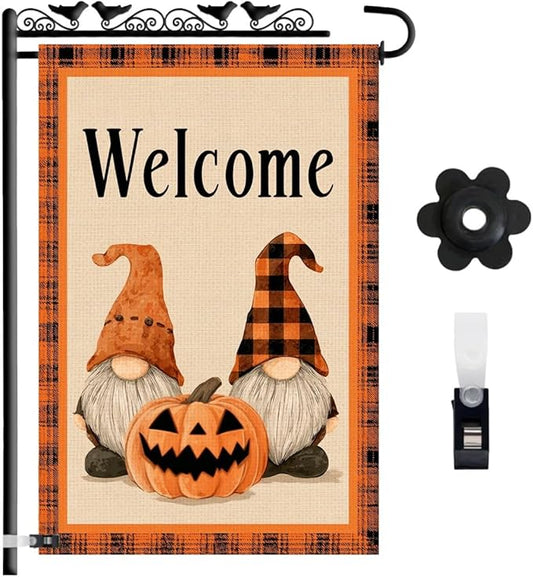 Welcome Halloween Garden Flag with Gnome and Pumpkin – 12x18 Double Sided Burlap Halloween Flag for Outside – Fall Yard Decor for Garden or Porch
