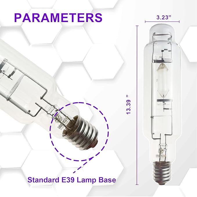 Metal Halide 600W E39 6000K MH 600 Watts Grow Light Bulb 850μmol High PAR 55000 Lumens 40% Rich Blue and Violet Spectrums for Veg Growth Resin Boost Hydroponic Horticulture 2-Pack