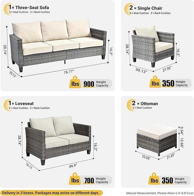 ovios Patio Furniture Set, 6 Pieces Outdoor Wicker Sofa Couch with Loveseat, Ottomans and Comfy Cushions, All Weather High Back Rattan Conversation Set, Beige
