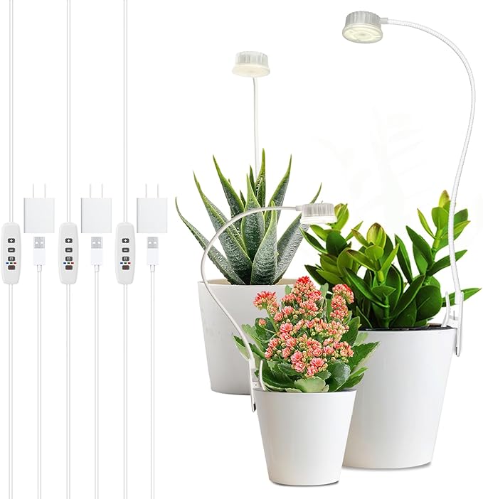 Grow Lights for Indoor Plants Growing, Pot Clip On Full Spectrum LED Plant Lights with Adjustable Gooseneck and 10L Brightness, 3/9/12 Hrs Auto On Off Timer for Indoor Small Plants (3 Packs)