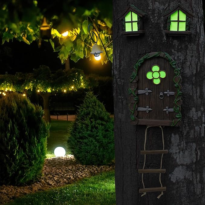Fairy Door and Windows Garden Kit Accessories Outdoor, Glow in Dark Gnome House for Tree, Lawn Yard Art Sculpture, Miniature Garden Decor (Ladder)