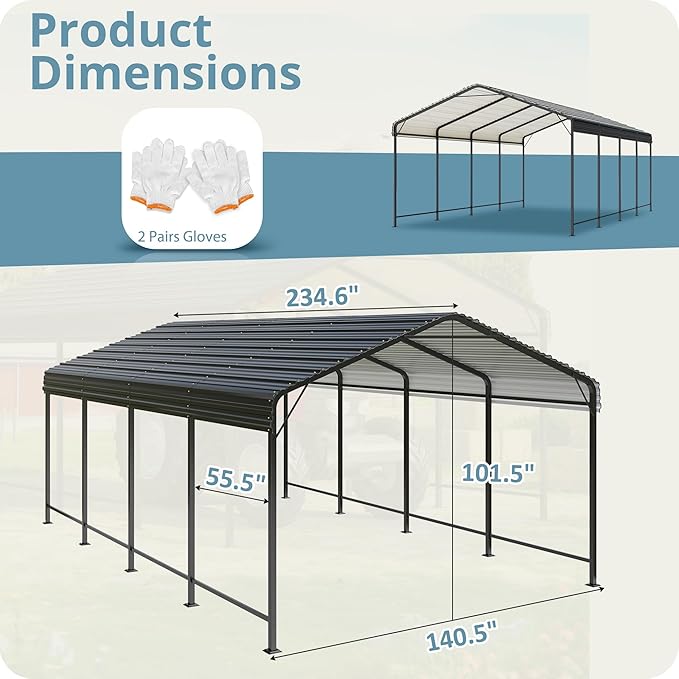 Carport 12x20 FT Metal Carport with Enhanced Base Outdoor Heavy Duty Garage Galvanized Car Shelter for Pickup, Boat, Car and Tractors