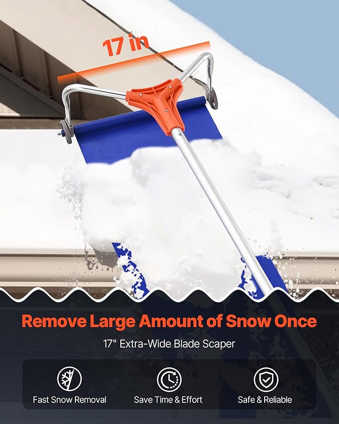VEVOR Snow Roof Rake, 17 in Aluminum Blade, 4.1-17.2 ft Adjustable Roof Snow Scraper with Wheels & Slide, Lightweight Snows Removal Tool for House Rooftop Leaves Debris Clearing
