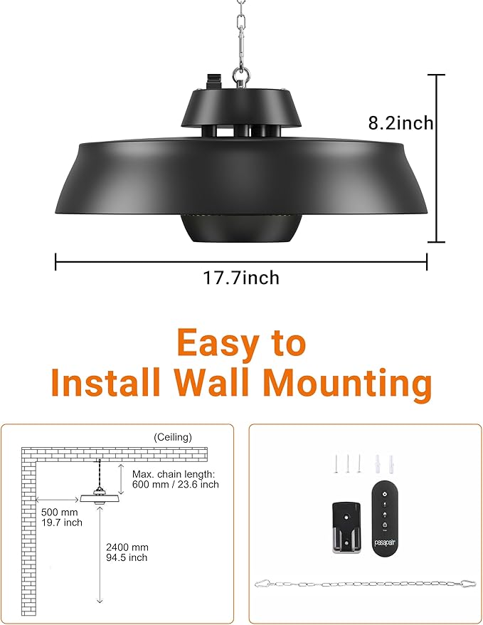 Pasapair Patio Heater - 1500W Outdoor Hanging Heater 3S Fast Heating with Remote - Adjustable Height Waterproof Infrared Mounted for Gazebo Garage - ETL Certified
