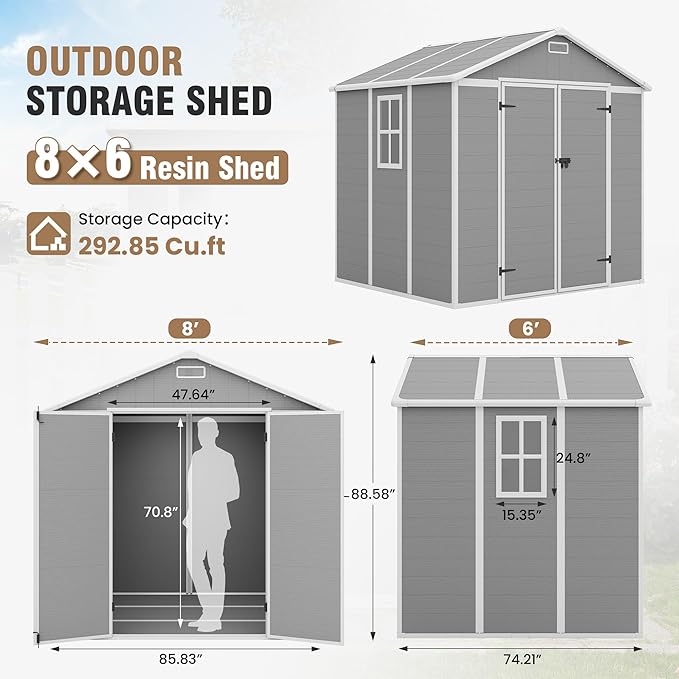 Outdoor Storage Shed, 8x6 FT Resin Shed with Floor and Lockable Door, Window & Vents, Tool Sheds & Outdoor Storage for Bike, Garden Accessories, Tools, Waterproof Grey White