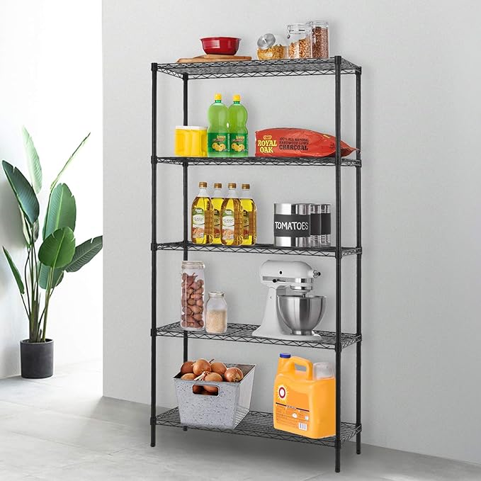 14" D×36" W×72" H Wire Shelving Unit Commercial Metal Shelf with 5 Tier Adjustable Layer Rack Strong Steel for Restaurant Garage Pantry Kitchen Garage，Black