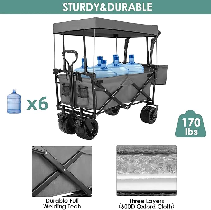 AthLike Extra Large Collapsible Wagon w/Removable Canopy, 250lbs/262L Capacity Foldable Garden Cart w/Rear Storage, Heavy Duty Push&Pull Utility Camping Beach Stroller w/Big Wheel&Adjustable Handles