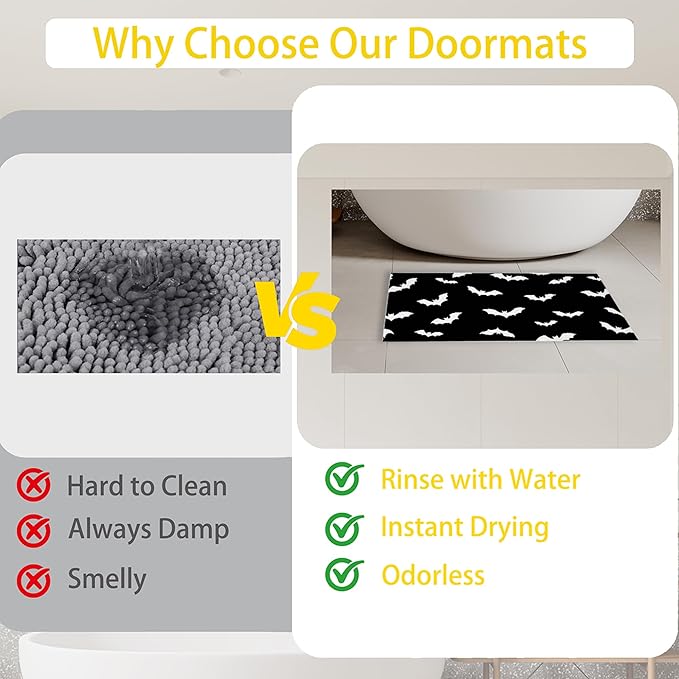 Front Door Mat,Gothic Bats Doormat Outside Entrance,Non-Slip Halloween Entryway Rug for Porch Patio, Felt Low Profile Welcome Mat Indoor for Hallways, 30 x 17 Inch