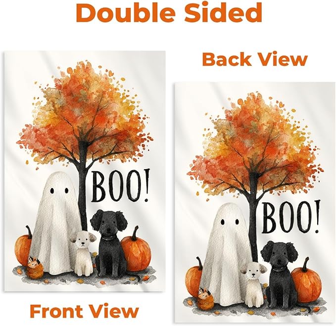 Happy Halloween Garden Flag – Ghost with Dogs and Pumpkins Design, 12x18 Double Sided Burlap Yard Flag for Fall Outdoor Decoration, Weatherproof