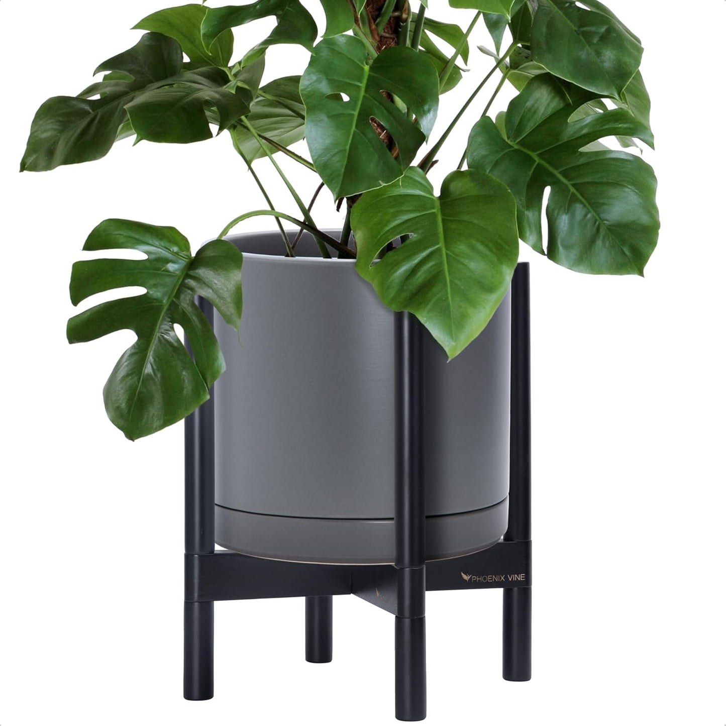 D'vine Dev Ceramic Planter with Ebony Stand - 12 Inch Modern Round Flower Pot with Wood Planter Holder, Grey, 55-B-H-3