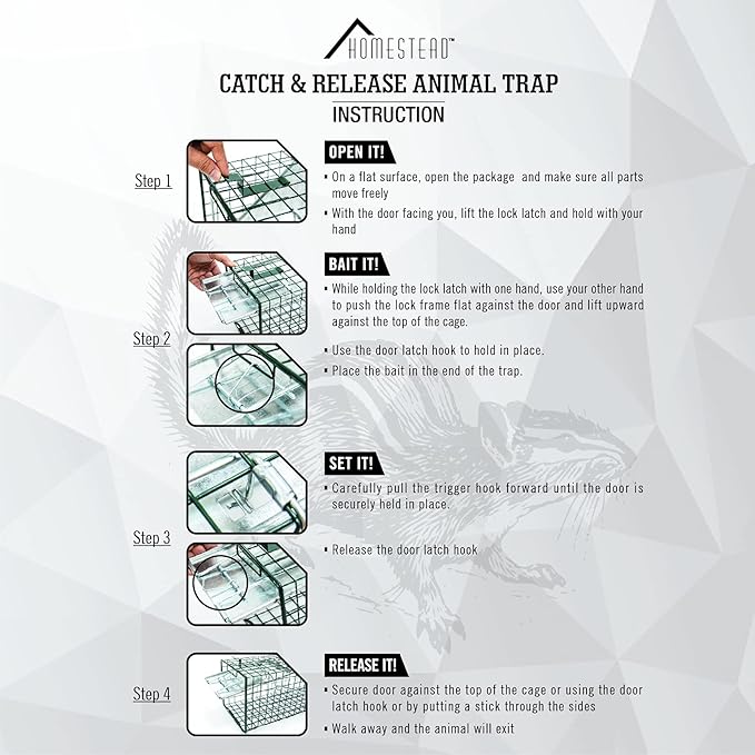 HOMESTEAD 2-Pack Live Animal Trap - Specialized for Raccoons, Opossums, Groundhogs, Skunks, Feral Cats, Squirrels - Heavy Duty Steel Traps, 1-Door, Green, Humane Catch & Release Animal Trap,89-302