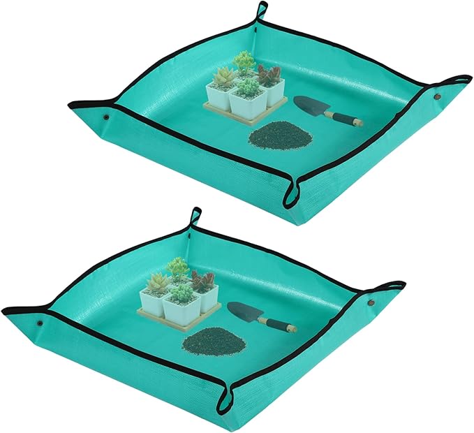PE Houseplants Repotting Mat, Waterproof Indoor Plant Potting Tray, Foldable Bonsai Repotting Pad, Garden Soil Mess Workspace Tarp for Succulent, Cactus, Aloe Vers, Pothos, 26.8 x 26.8