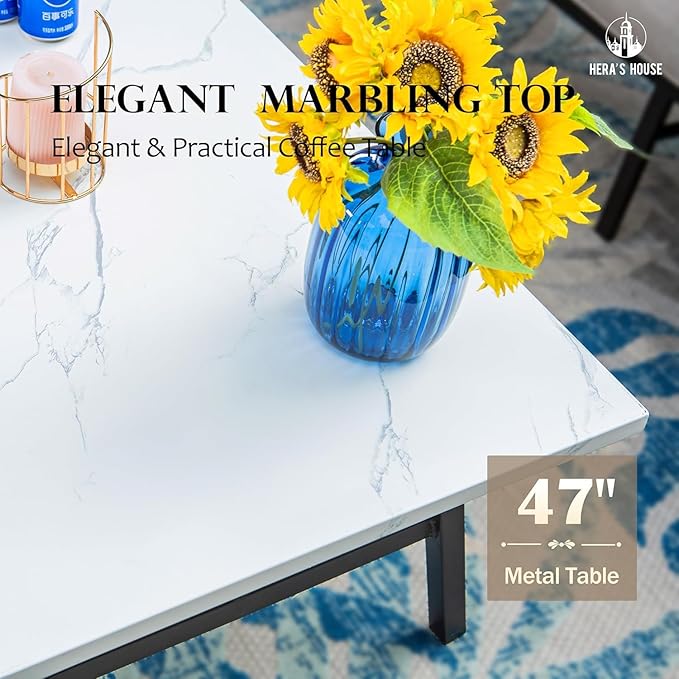 HERA'S HOUSE 6 Piece Patio Furniture Set, 2 x Rocking Chair, 2 x Fixed Chair, 1 x 3-Seat Sofa with Marbling Coffee Table, All Weather Outdoor Conversation Set for Lawn Garden Backyard, Navy Blue