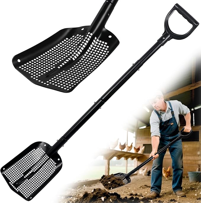 Heavy Duty Sifting Shovel with Adjustable Handle (26"-48") – Metal Sand Sifter Scoop with D-Grip for Chicken Coop, Beach, Farm Goat Stall & Garden Poop Cleaning – Durable Mesh Design