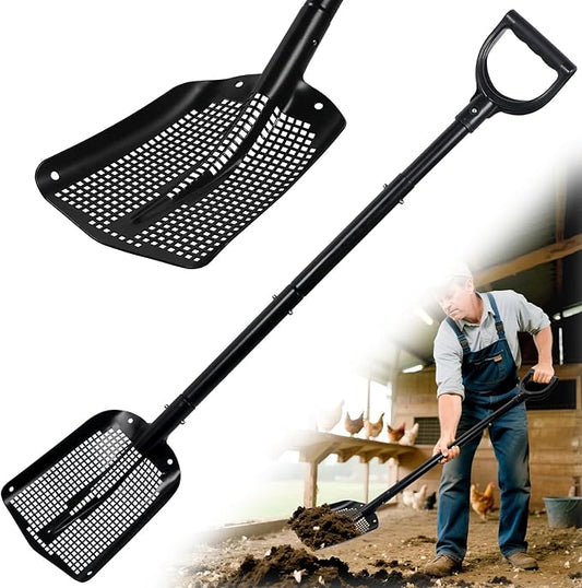 Heavy Duty Sifting Shovel with Adjustable Handle (26"-48") – Metal Sand Sifter Scoop with D-Grip for Chicken Coop, Beach, Farm Goat Stall & Garden Poop Cleaning – Durable Mesh Design