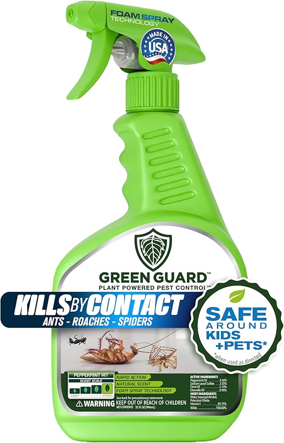 Green Guard Pest Control Spray - Indoor & Outdoor Killer of Ants, Roaches, Spiders & Other Crawling Insects, Safe Around Children & Pets, Plant-Based, Pleasant Scent (Peppermint Hit, 32oz)