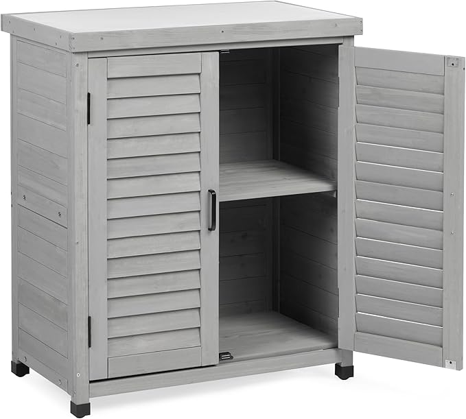 Potting Bench with Storage Cabinet and Metal Table Top for Outdoor Patio, Garden Furniture Wood Workstation (Accent Grey, 31x17x36)