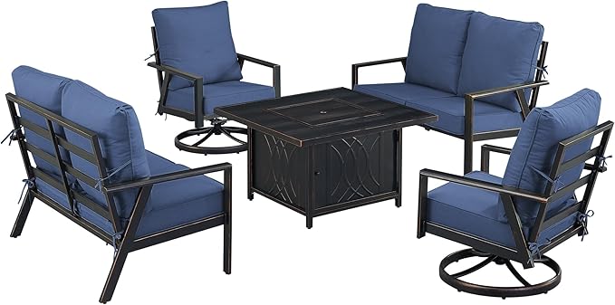 Oakland Living Black Aluminum Patio Fire Table Set with Two Deep Seating Loveseat with Cushions and Two Club Chairs with Blue Cushions