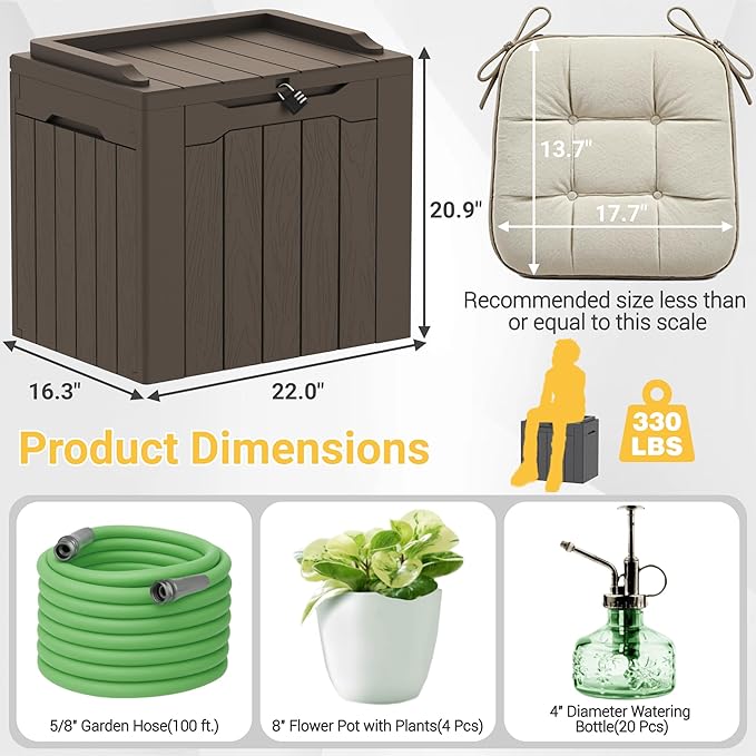 Greesum 31 Gallon Resin Deck Box Large Outdoor Storage for Patio Furniture, Garden Tools, Pool Supplies, Weatherproof and UV Resistant, Lockable, Dark Brown
