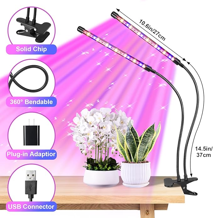 Black 2-Tube Clip-On Grow Light with Red/Blue/Yellow LEDs, Full Spectrum, 6/12/16H Timer, 3 Modes & 10 Dimmable Levels, for Indoor Plants (8W) (1 Pack)