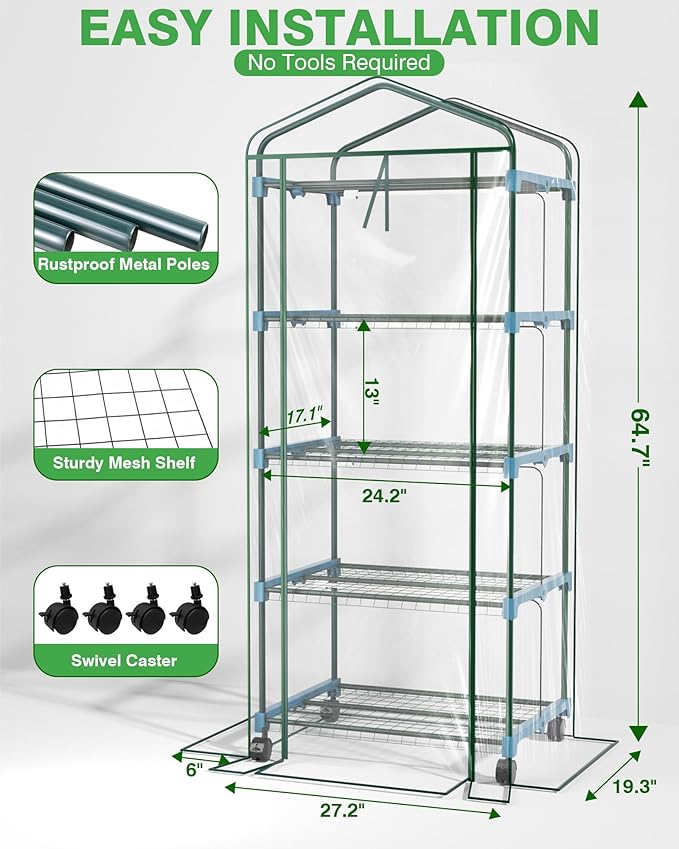 PYY Mini Indoor Greenhouse with Grow Light - Small Portable Outdoor Plant Green House Cabinet with Wheels, Thermometer, PVC Tent Cover, 4 Dimmable 3 Color 2FT 36W LED Kit, 4 Tier Gardening Shelves
