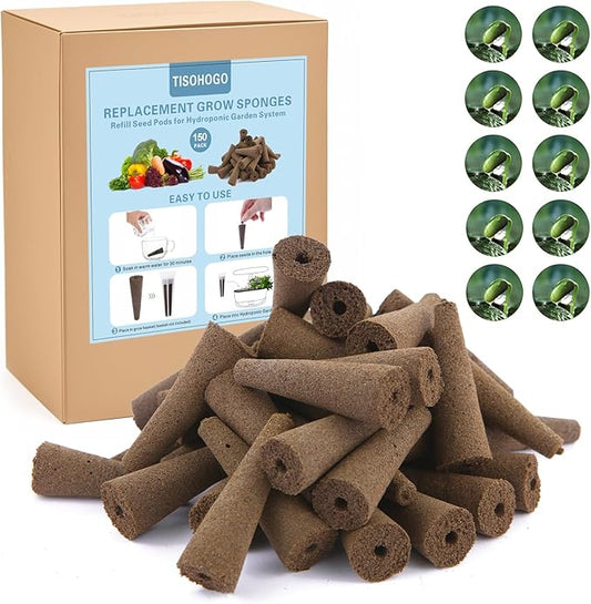 150 Pack Grow Sponges, Seed Pods Replacement Root Growth Sponges Compatible with AeroGarden, Moldy-Free, Kit with 10 Pod Labels for Hydroponic Indoor Garden System