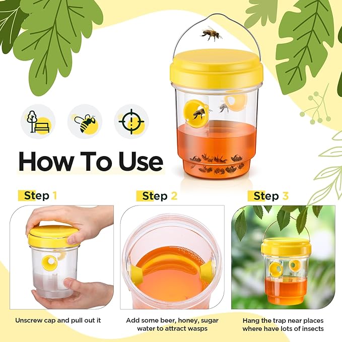 Qualirey 2 Pcs Wasp Traps for Outdoors Wasp Killer Hanging Bee Traps Reusable Fly Bee Killer for Indoor Outdoor Patio Garden Home (Yellow)