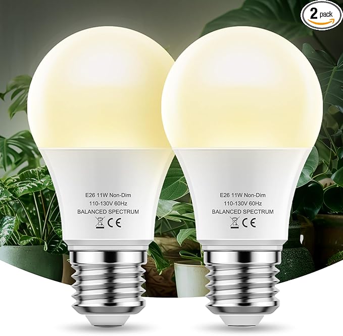LED Grow Light Bulb A19 - Full Spectrum E26 Base, 11W (100W Equivalent) for Indoor Plants, Flowers, Greenhouse - 2 Pack