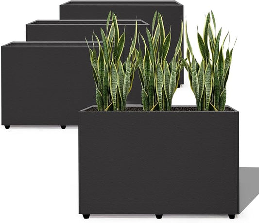4 Pack Planter Box Rectangular Block - 24×16×12IN Galvanized Steel Long Planter Easy Installation Modern Outdoor Tall Planters All-Weather Use with Drainage Holes for Patio/Porch(Black)