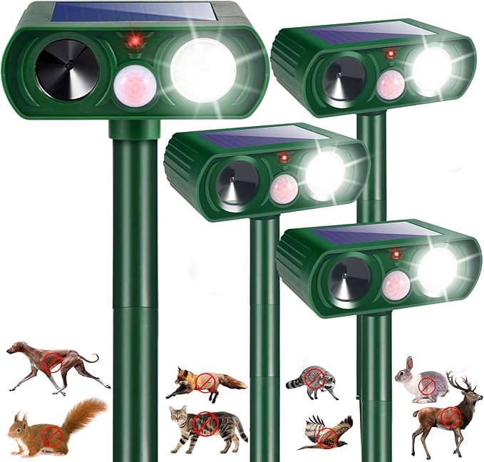 4 Pack Squirrel Fortress Pro Solar Animal Repellent Ultrasonic Outdoor, Deer Repellent Devices with Motion Sensor & Flash Lights, Waterproof Raccoon Cat Dog Skunk Rabbit Deterrent for Yard Farm
