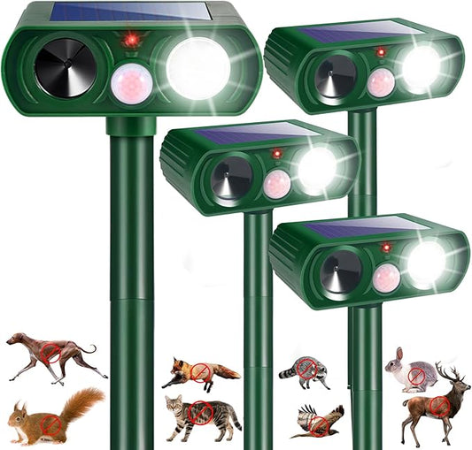 4 Pack Squirrel Fortress Pro Solar Animal Repellent Ultrasonic Outdoor, Deer Repellent Devices with Motion Sensor & Flash Lights, Waterproof Raccoon Cat Dog Skunk Rabbit Deterrent for Yard Farm