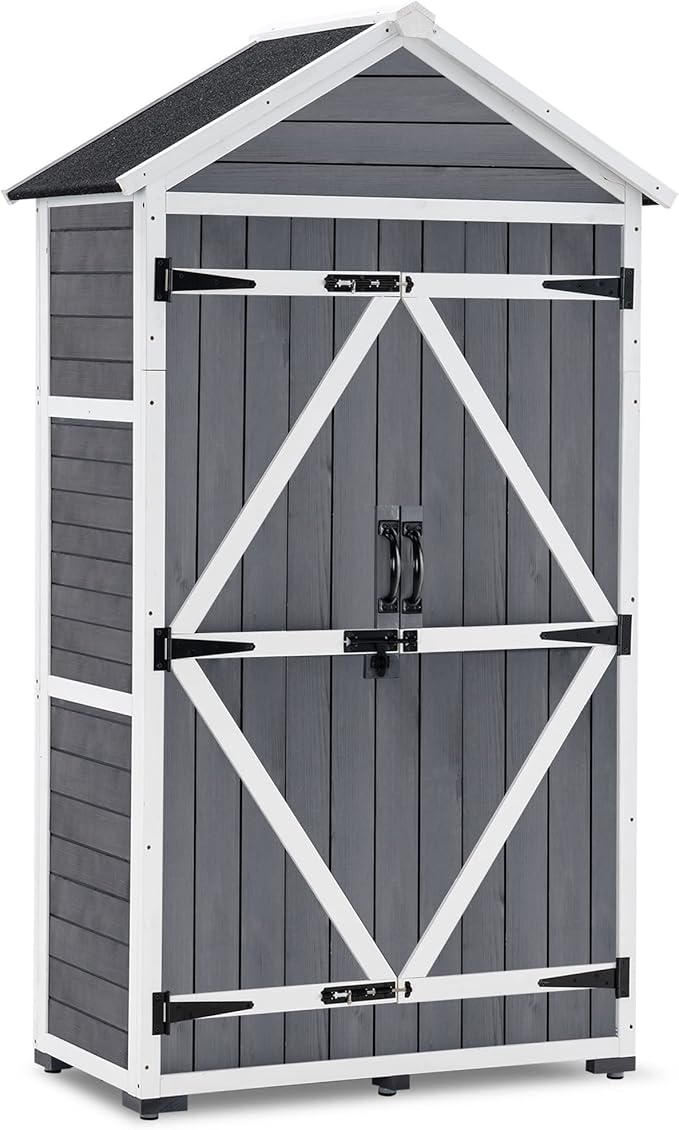 MCombo Outdoor Storage Cabinet with 2 Shelves, Outside Storage Shed with Floor, Wooden Garden Tool Shed with Latch for Yard Deck Lawn, 1000