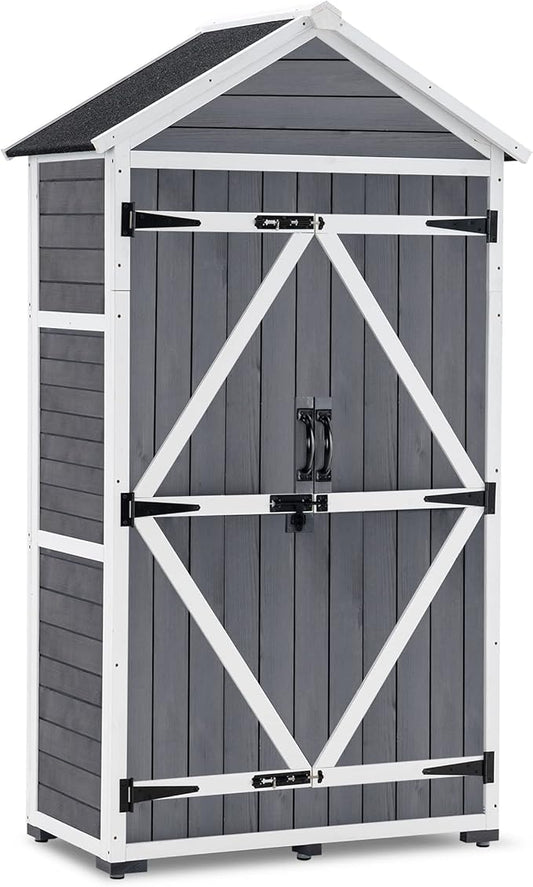 MCombo Outdoor Storage Cabinet with 2 Shelves, Outside Storage Shed with Floor, Wooden Garden Tool Shed with Latch for Yard Deck Lawn, 1000