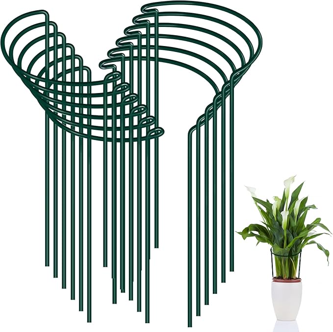 FEED GARDEN 12 Pack Plant Support Stakes, Peony Cages and Supports, Metal Garden Plant Stake(10" Wide x 16" High) Green Half Round Plant Support Rings for Outdoor Indoor Plants, Tomato, Hydrangea