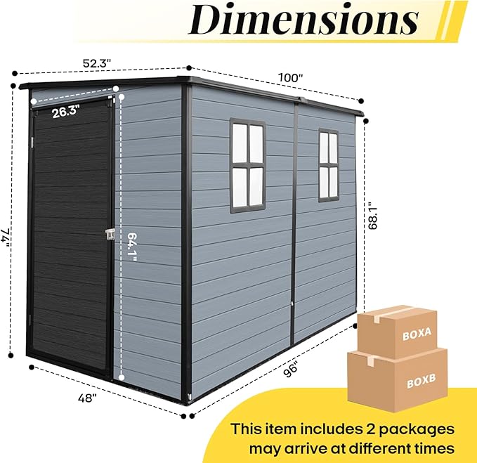 4‘x8’ Lean to Shed with Floor, Resin Storage Shed & Outdoor Storage Clearance with 2 Windows, Backyard Storage Sheds for Garden Tools, Bicycle, Black+Grey