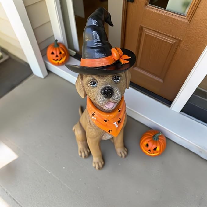 Halloween Decorations Indoor Dog Statue - Halloween Decor Figurine for Outdoor Indoor Mysterious Gothic Tabletop Puppy Sculpture Witch hat, Spooky Gifts Ghost Garden Decorations Rottweiler 5x7x13INCH