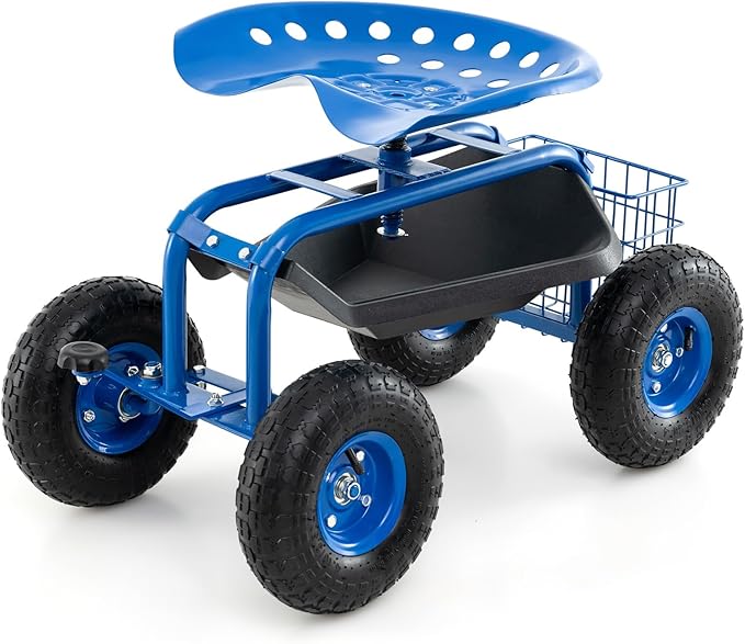 S AFSTAR Rolling Garden Cart, Wagon Scooter with 360° Swivel Seat, Storage Tray, Basket & Rubber Wheels, Heavy-Duty Gardening Tool Cart for Weeding, Patio & Yard (Blue)