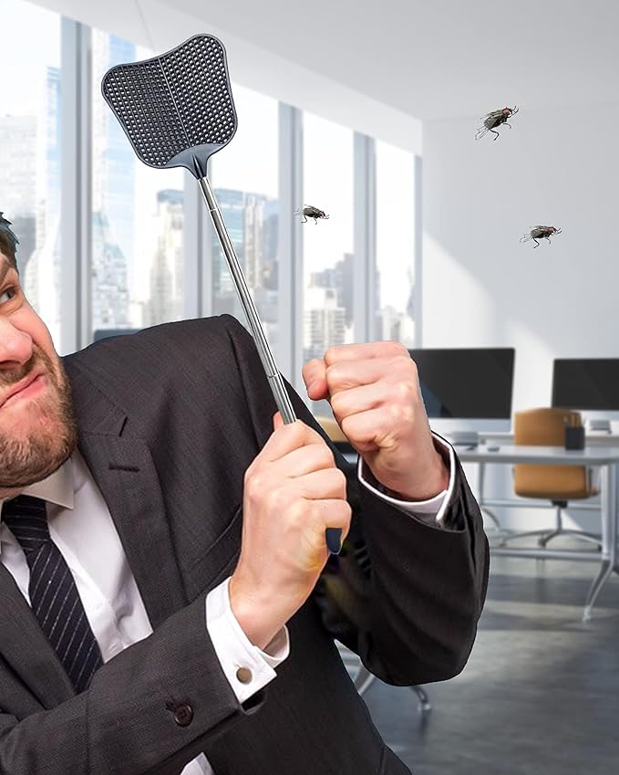 Fly Swatter Heavy Duty Set, with Durable Telescopic Stainless Steel Extendable Handles, for Home, Classroom, Indoor Outdoor Office, 2Pcs, Black