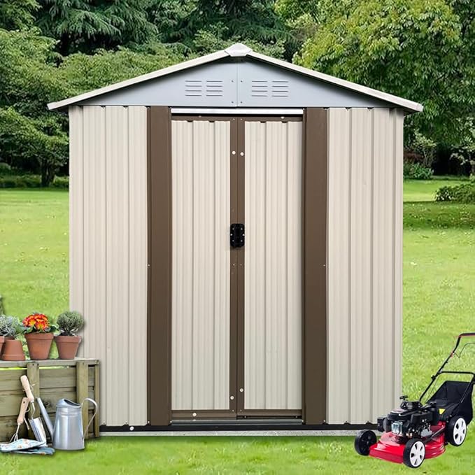 Ball & Cast 5x3 FT Outdoor Storage Shed, Metal Sheds with Punched Vents and Sliding Door, Waterproof Garden Tool Shed with Aluminum Frames and Sloped Roof for Backyard Patio,Cream White