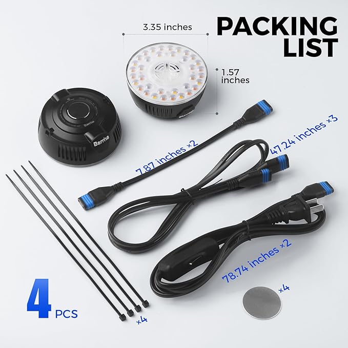 Barrina Orbgrow OG09 Puck LED Grow Light with 660nm Red LEDs, 36W(4 x 9W, 540 Watt Equiv), Plant Lights for Indoor Plants Full Spectrum, Magnetic & Linkable, Small Grow lamp, Seeding, 4 Packs, Black