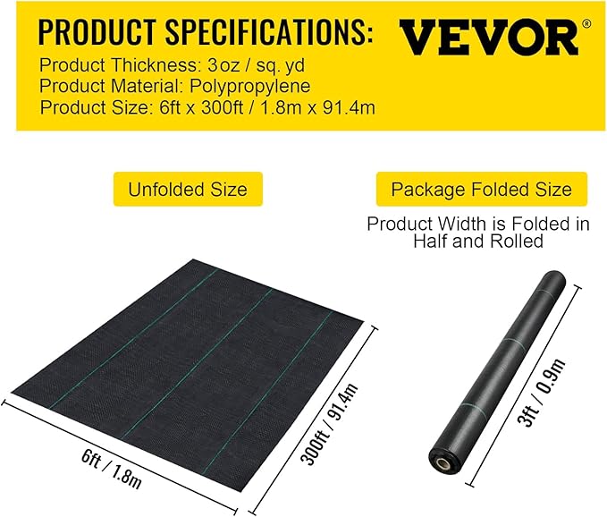 Happybuy 6FTx300FT Premium Weed Barrier Landscape Fabric Heavy Duty 3OZ, Woven Weed Control Fabric, Good Permeability for Weed Block Gardening Mat, Driveway Fabric, Landscaping Fabric, Ground Cover