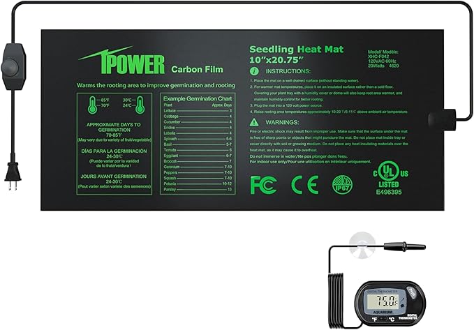 iPower 10" x 20.75" Seeding Heat Mat with Temperature Adjustable Knob and Digital Thermometer, Durable Warm Hydroponic Plant Germination Starting Pad