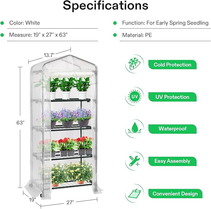 VIVOSUN Mini 4-Tier Greenhouse with Wheels, 27 x 19 x 63-Inch Reusable Portable Warm House with White PE Cover and Shelf for Compact Garden and Small Backyards, with Wheels