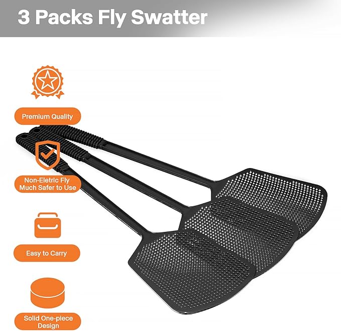 Fly Swatters-Begonia Flexible Heavy Duty Thick Fly Swatters with Bigger Paddle, Black 3 Pack