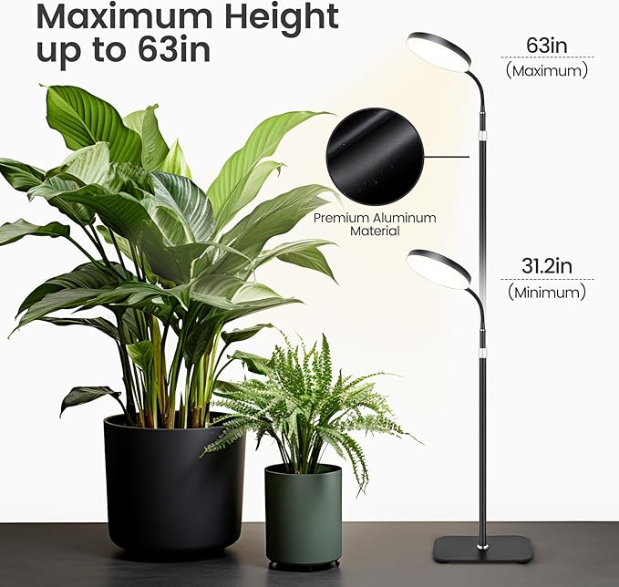 Plant Grow Lights for Indoor,20W Large Round Full Spectrum Warm Light with Gooseneck,63in Tall Stand Floor Growing Lamp, Auto Timer,10 Dimmable Levels for Tall Small Plants Flower Growth