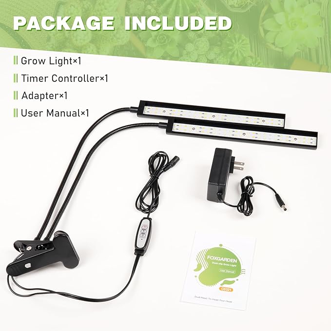 FOXGARDEN Grow Light Full Spectrum, Dual Head Plant Lights for Indoor Growing with Flexible Gooseneck, 104 LEDs Clip Grow Lamp with 4/8/12H Timer, 4 Brightness Levels, Ideal for Indoor Growth