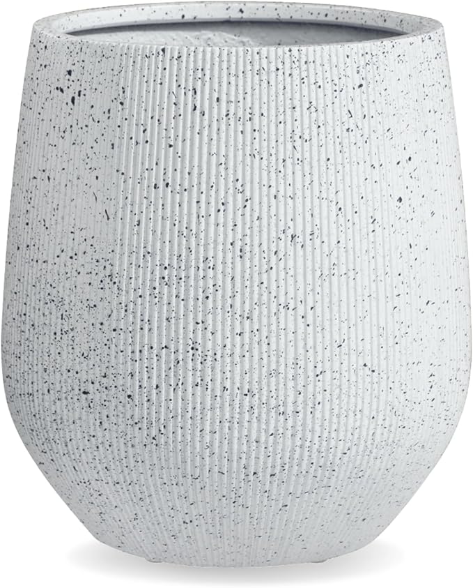 16.5" H x 15" D Ribbed Corso Fiberstone Round Planter with Drainage Hole, Weather Resistant for Indoor and Outdoor Use, Included 2 Extra Coco Mats (Ribbed Speckled White, 11.5" Pot Opening)