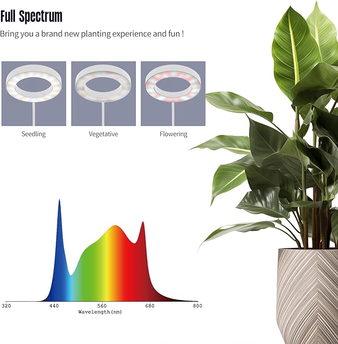 GLOWRIUM Grow Lights for Indoor Plants,20W Full Spectrum LED Plant Light with Stand,Adjustable Height,3/9/12H Timer,6 Dimmable Levels & 3 Lighting Modes (White-Single Head)